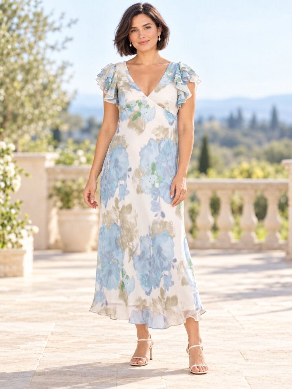 Taylor Blue Floral Ruffle Sleeve Midi Dress Size 10 NWT